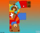 A bear with blue scarf making vertical with one arm and with the other arm holding a small bear form letter F