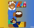 Mama bear with a basket of eggs in hand, next to three birds on a rack and a small bear stretched to his feet, form the letter E