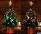 Two images of a beautiful Christmas tree, its lights change color