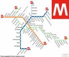 Map of the Metro of Rome, with 74 stations, 3 lines and a length of 60 km