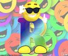 Letter uppercase R with the face of a smiley with sunglasses and making the sign in accordance with the left hand