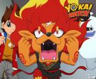 Blazion is a fiery lion yo-kai with a white scar on his forehead