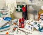 Material for first aid for minor wounds, bandages, plasters, tape, cotton, disinfectant etc...