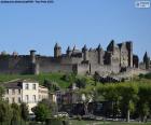 View of part of the walls of the fortified city of Carcassonne, France