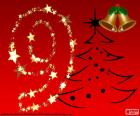 The number nine with Christmas drawings and a red background