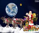 The sleigh of Santa Claus standing on a cloud, observing the Earth and the Moon