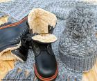 Black winter boots, scarf and wool cap