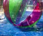 A little girl playing in the pool in a large ball of water