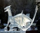 Impressive sculpture of a dragon made completely with ice