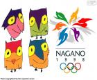 Logo and mascots Sukki, Nokki, Lekki and Tsukki of the Olympic Games of Nagano 1998, Japan. Attended by 2176 athletes from 72 countries