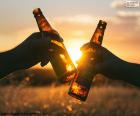 Two friends toast with two beers during a beautiful sunset