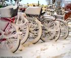 Bikes covered with snow in a winter day