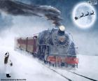 Christmas steam locomotive, a girl, and the sleigh of Santa Claus