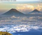 View of Mountains Sindoro and Sumbing two volcanoes located in central Java, Indonesia