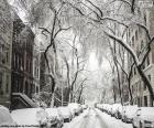 A street in a city covered with snow on a cold winter day