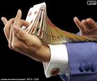 Image of a magician's hand during a card trick. Magicians are artists who through tricks manage to create the appearance of possessing magical powers, with the purpose of amusing and surprising the audience