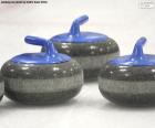 The curling stones are made of granite and feature a plastic handle on top for easy release