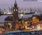 The tower of St. Pauli Landungsbrucken is located on the docks of the port of Hamburg, Germany