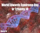 March 18 World Edwards Syndrome Day or Trisomy 18, a genetic disorder in which a person has a third copy of chromosome 18 material, instead of the 2 normal copies