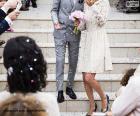 Bride and groom on the stairs