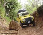 A beautiful yellow Land Rover Defender driving on a road