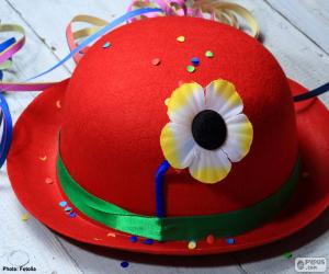 Red bowler hat with a flower puzzle