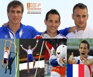 Renaud Lavillenie Pole vault champion, and Przemys&#322;aw Masuryk Maxym Czerwi&#324;ski (2nd and 3rd) of the European Athletics Championships Barcelona 2010 puzzle