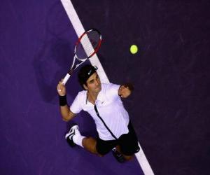 Roger Federer preparing to hit a serve puzzle
