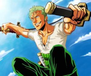 Roronoa Zoro is a swordsman specialist in combat with three swords puzzle