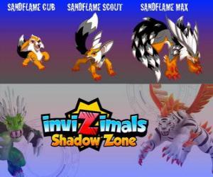 Sandflame Cub, Sandflame Scout, Sandflame Max. Invizimals Shadow Zone. These Invizimals have protected for centuries the tombs of the Pharaohs puzzle