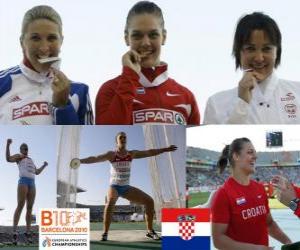 Sandra Perkovic champion in discus throw, and Joanna Wi&#347;niewska Nicoleta Grasu (2nd and 3rd) of the European Athletics Championships Barcelona 2010 puzzle