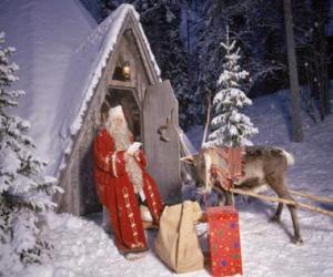 Santa at the door of his house with a reindeer and gifts puzzle