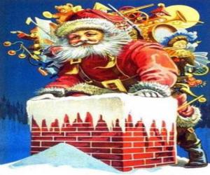 Santa Claus coming in through the chimney laden with many presents puzzle