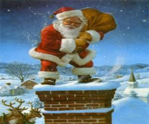 Santa Claus coming in through the chimney laden with many presents puzzle