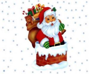 Santa Claus coming in through the chimney laden with many presents puzzle