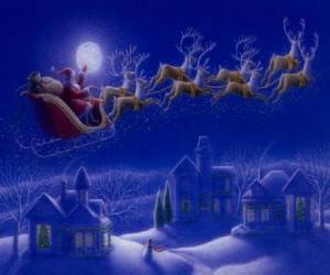 Santa Claus in his magic sleigh pulled by flying reindeer on Christmas night puzzle