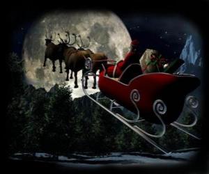 Santa Claus in his magic sleigh pulled by flying reindeer on Christmas night puzzle