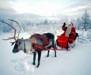 Santa Claus in its magical flying sleigh pulled by a Christmas reindeer puzzle