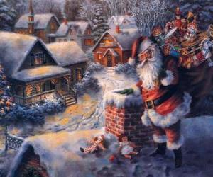 Santa Claus on the roof of a house next to a chimney puzzle