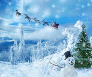 Santa Claus waving from the magical sled loaded with Christmas presents puzzle