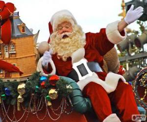 Santa Claus waving from the magical sled loaded with Christmas presents puzzle
