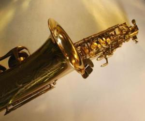 Sax or saxophone, musical wind instrument puzzle