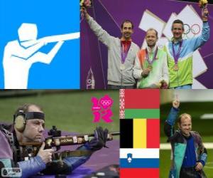 Shooting Men's 50 metre rifle prone men's podium, Sergei Martynov (Belarus), Lionel Cox (Belgium) and Rajmond Debevec (Slovenia) - London 2012- puzzle