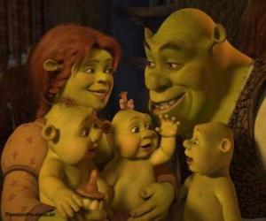 Shrek and Fiona love and very happy with their three children puzzle