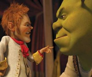 Shrek is duped by signing a pact with the affable negotiator Rumpelstiltskin puzzle