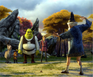 Shrek, the ogre with his friends Donkey, Puss in Boots and Arthur, Merlin watching puzzle