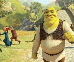 Shrek walking through the town and people runs puzzle