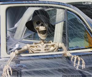 Skeleton inside a car, Halloween puzzle