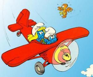 Smurf and Smurfette a flying a red plane puzzle