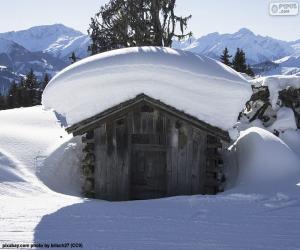 Snow-covered cabin puzzle